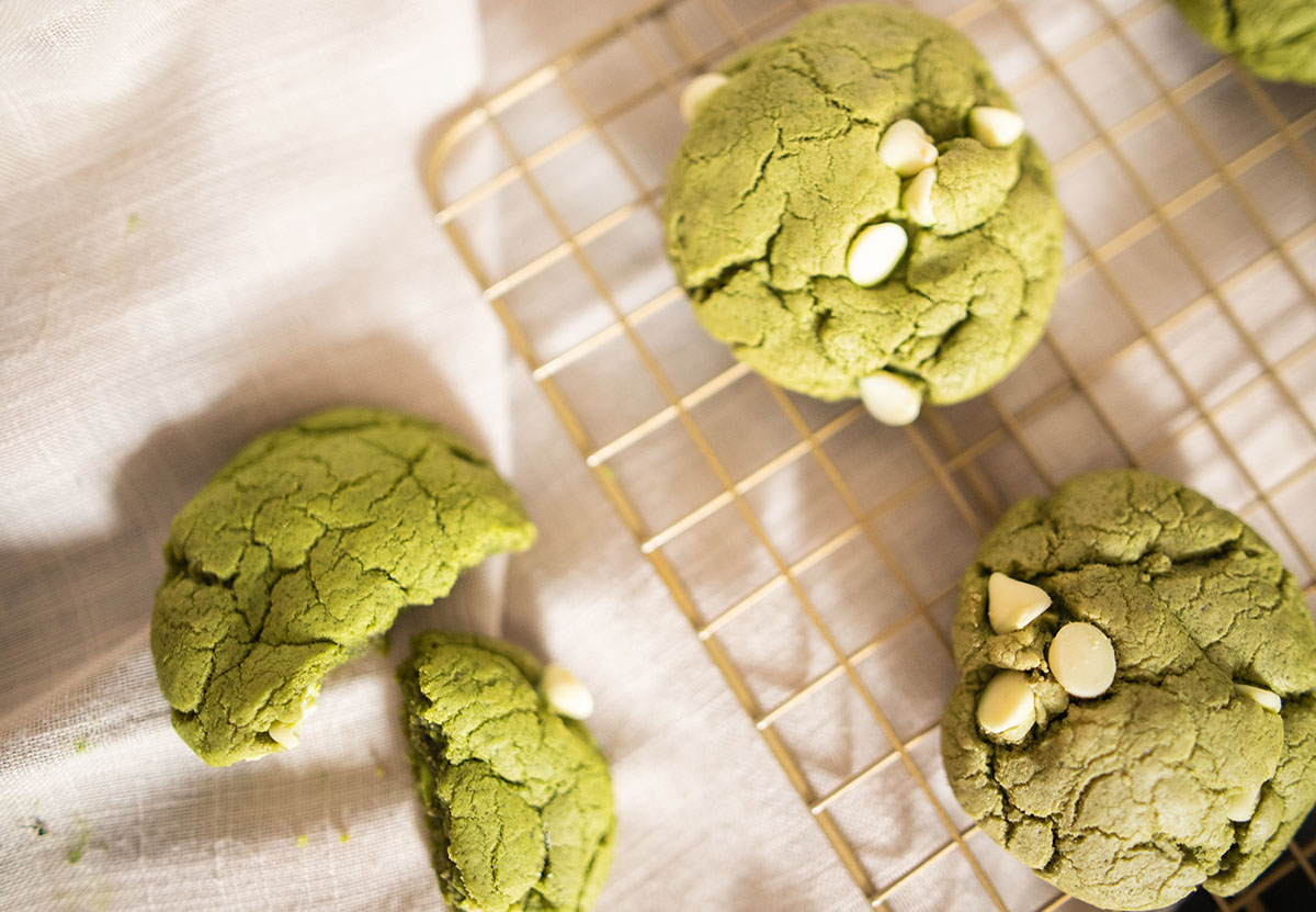 Ruby and white chocolate chewy matcha cookies